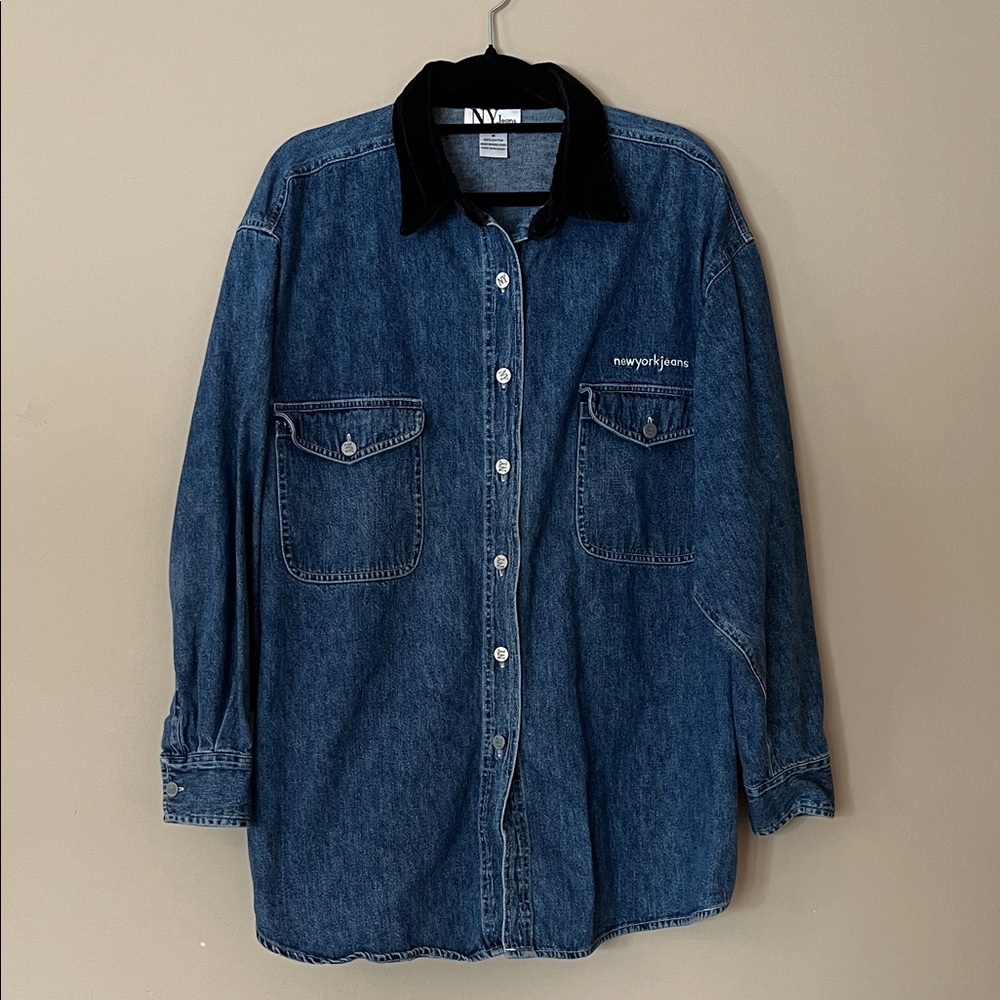 90’s NY New York Jeans Denim Button-Up Shirt with Black Collar - Blue